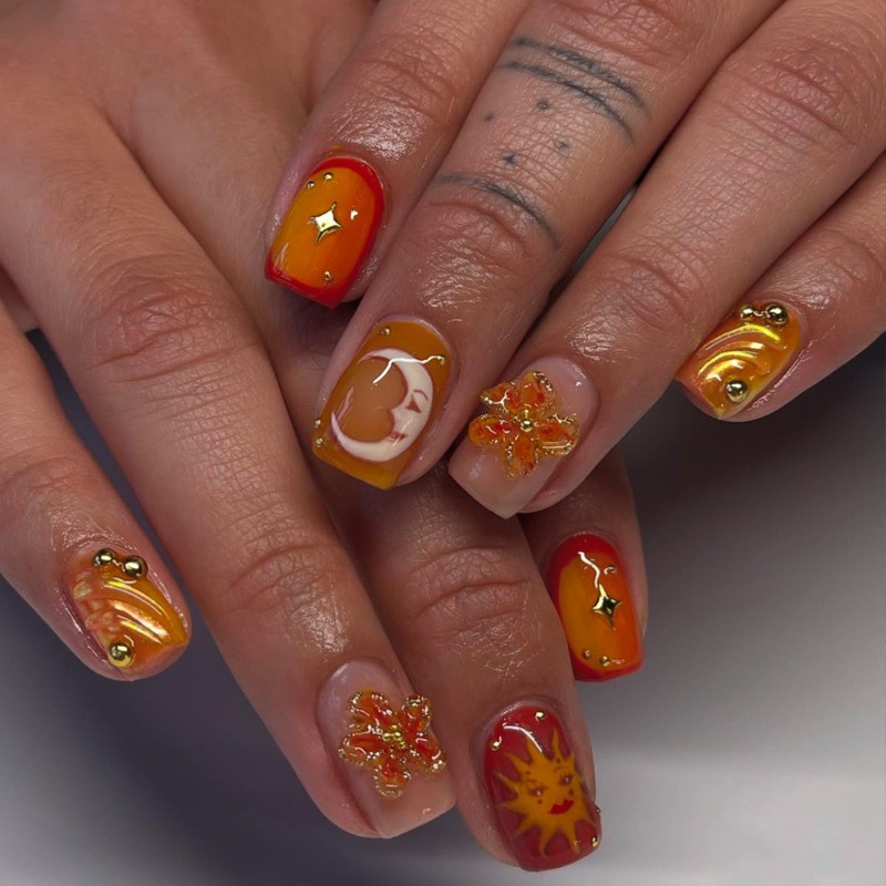 48 Pieces of Orange Red Sun and Moon Cartoon 3D Relief Removable Fake Nail Art
