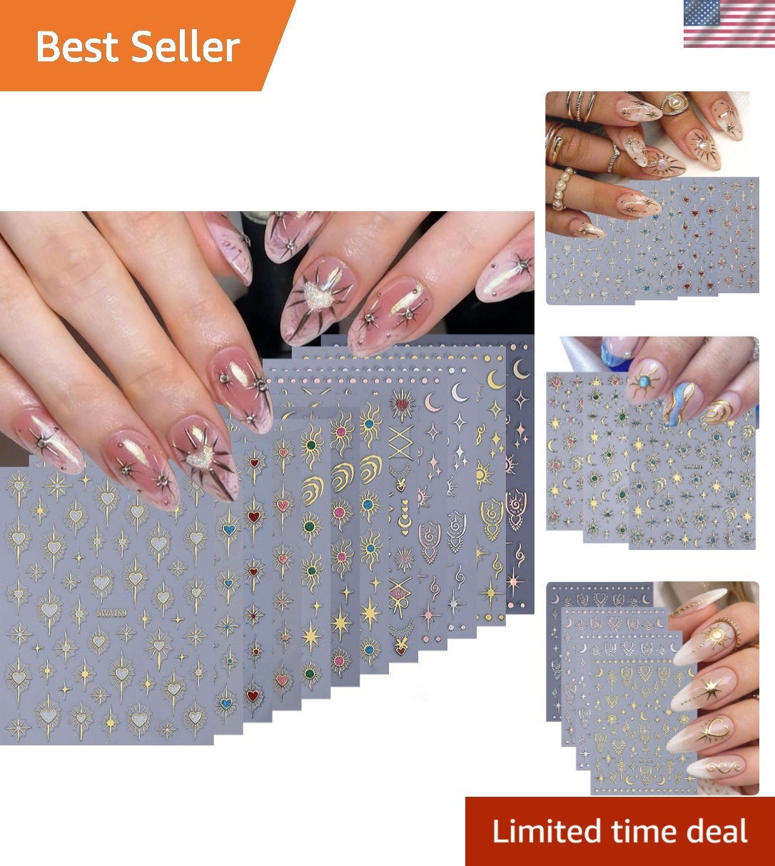 Elegant Holographic Nail Decals – 12 PCS Sun Heart & Stars for Every Occasion