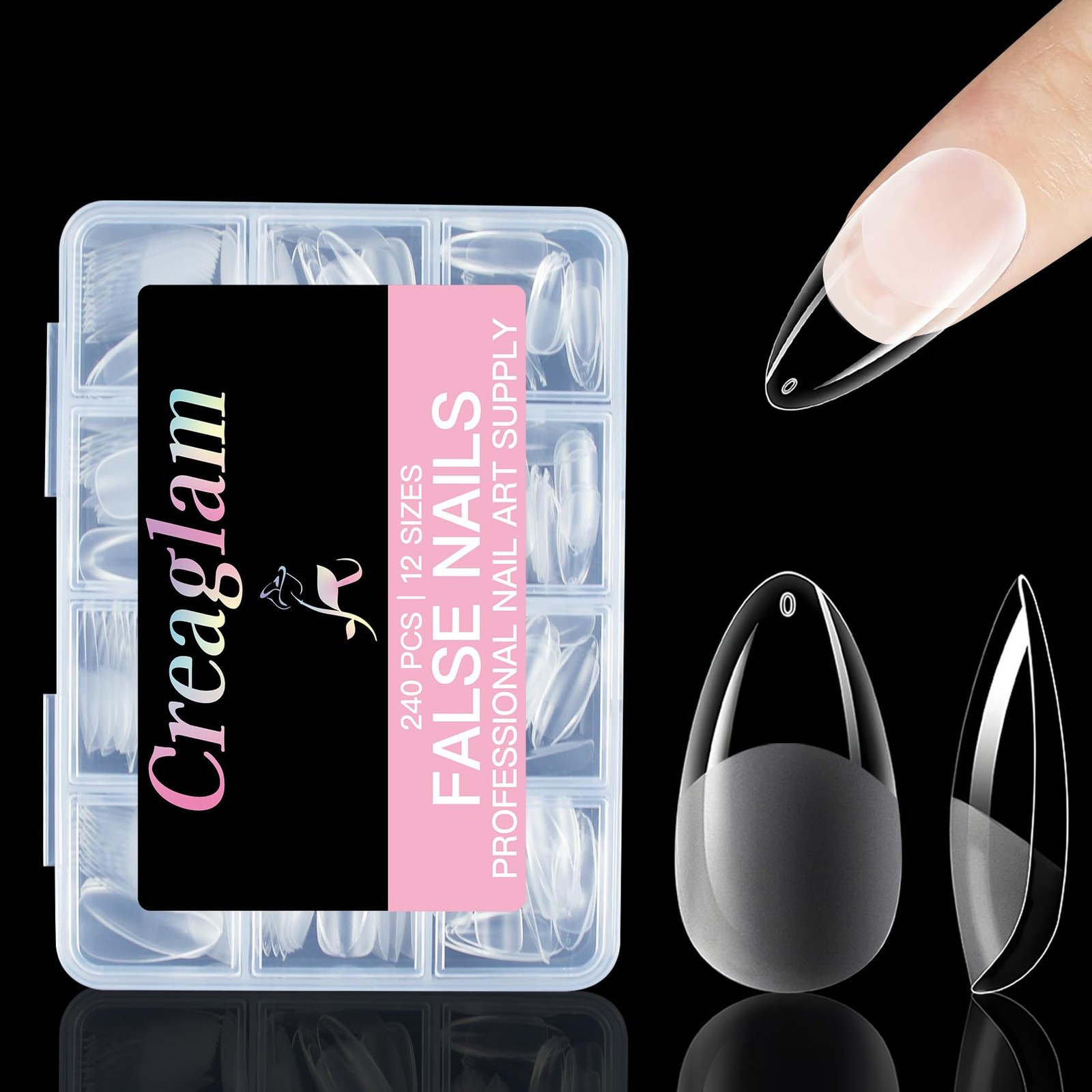 Long Almond Fake Nails: 240PCS Pre Etched Clear Fake Nails Tips 12 Sizes – Ha…
