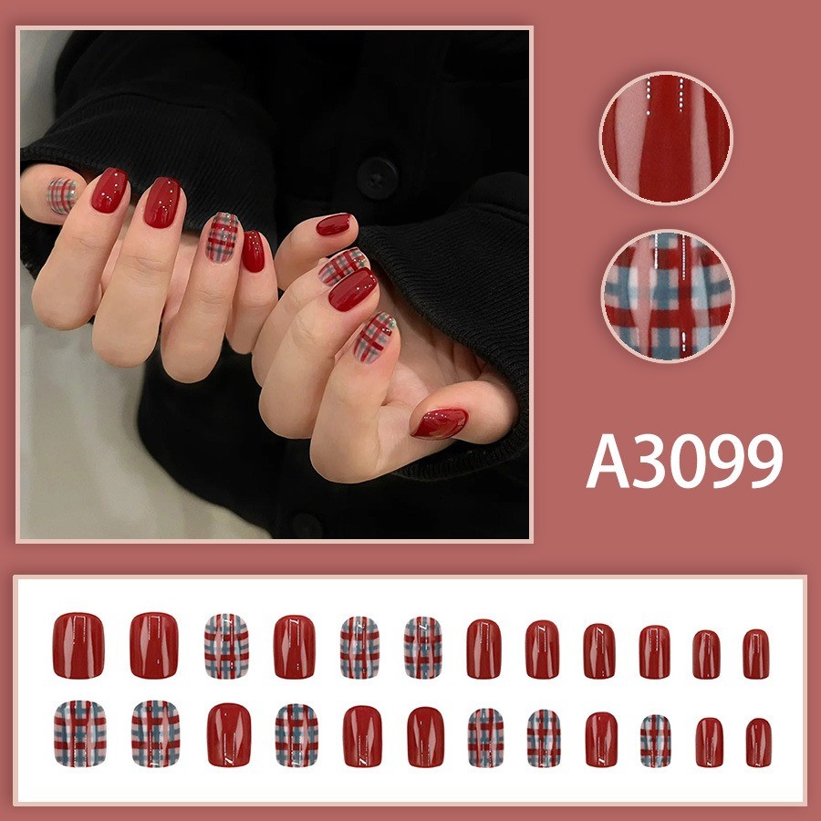 48 Pcs Red Plaid Press on Nails, Short Square Glossy Autumn Fake Nails