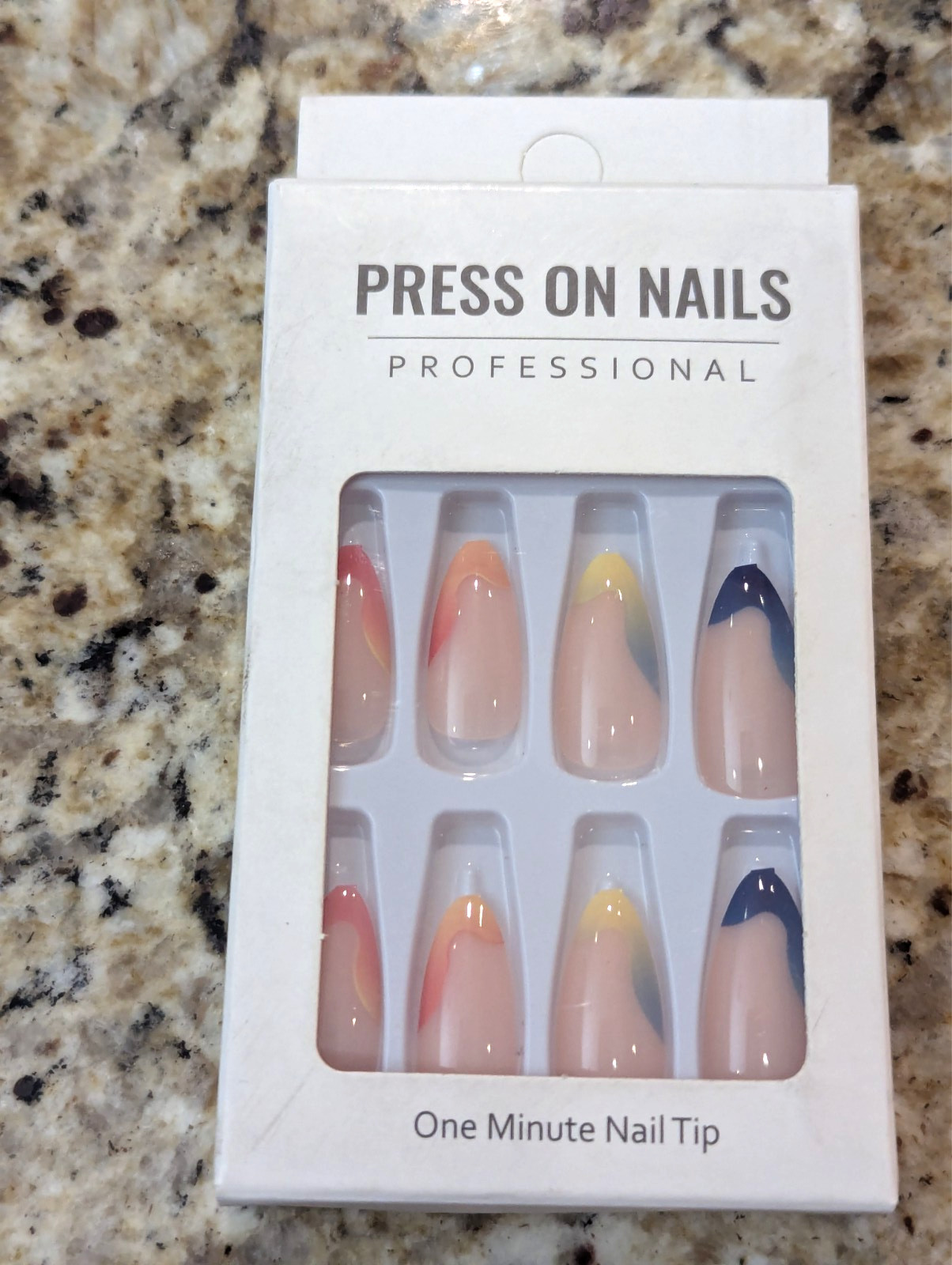 Press On Nails One Minute Nail Tip #145 Long Red Yellow Blue Tip Design 24ct