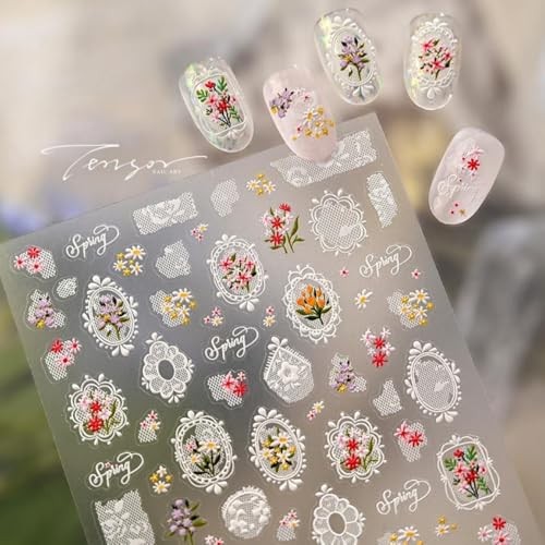 Flower Nail Stickers White Lace Nail Decals 5D Embossed Pink Red Floral Color 2