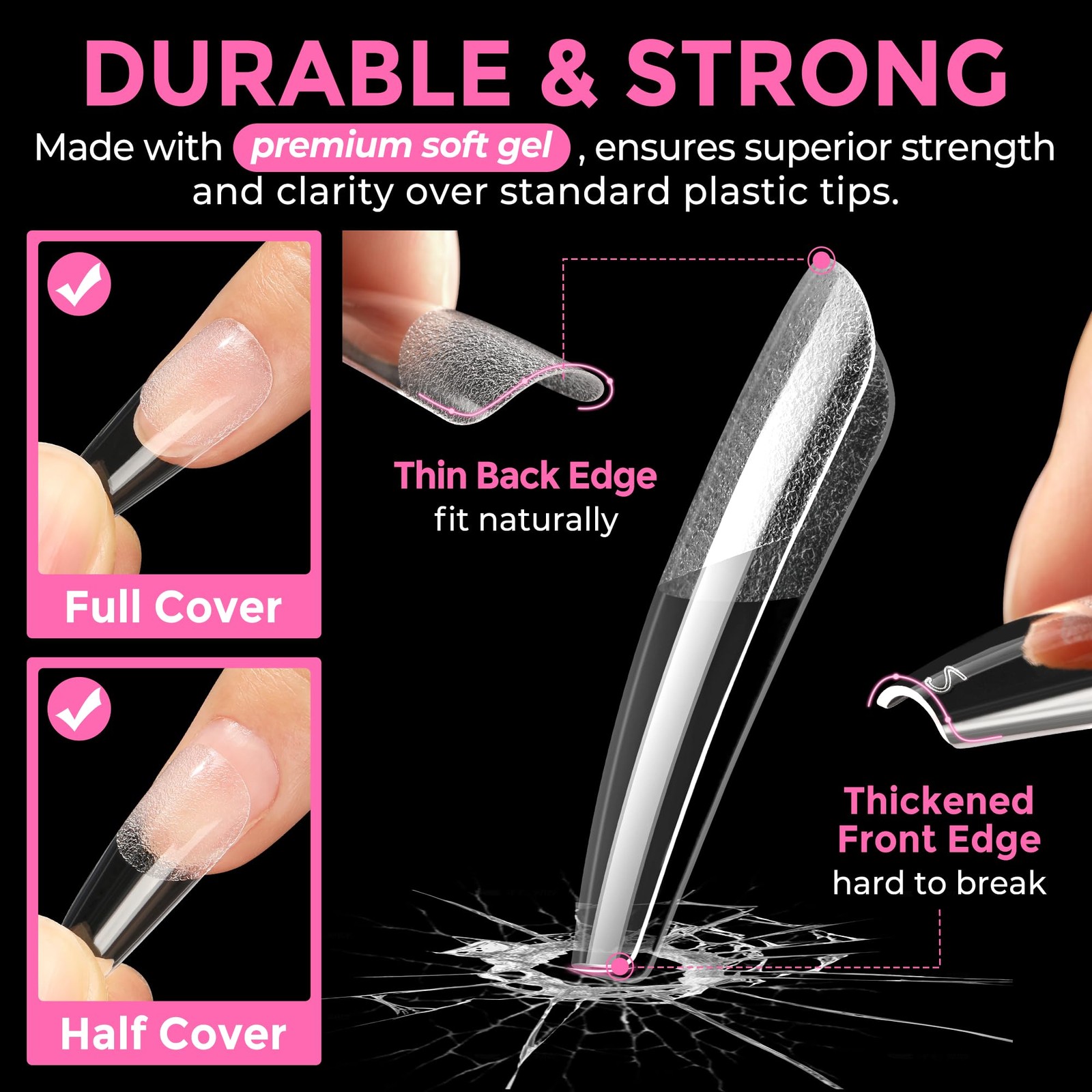 UNA GELLA Long Coffin Nail Tips: 216pcs 216 Piece Assortment, Clear