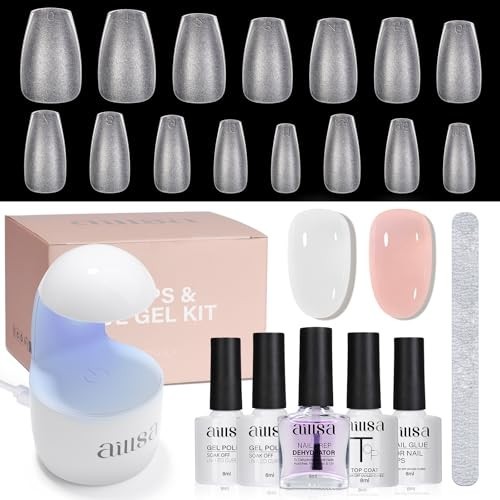 240pcs Short Coffin Nail Tips & Glue Gel Kit, 2-in-1 Base Coat, UV Top Coat, DIY