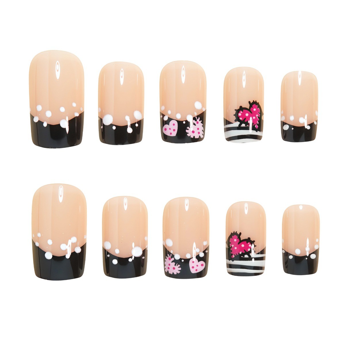 48P Short Square Press on Nails, Pink Black Heart Polka Dot Stripe Fake Nails