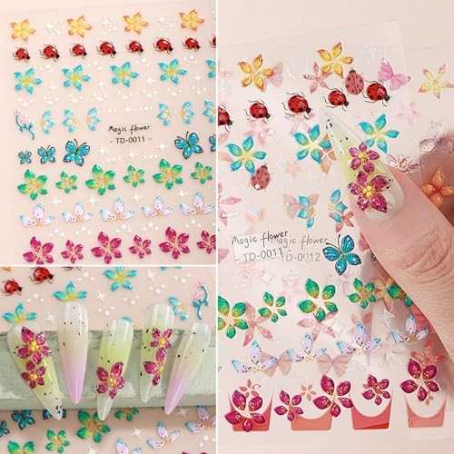 Flowers Nail Art Sticker- 5D Embossed Lily Flower Nail Decals Colorful Flower