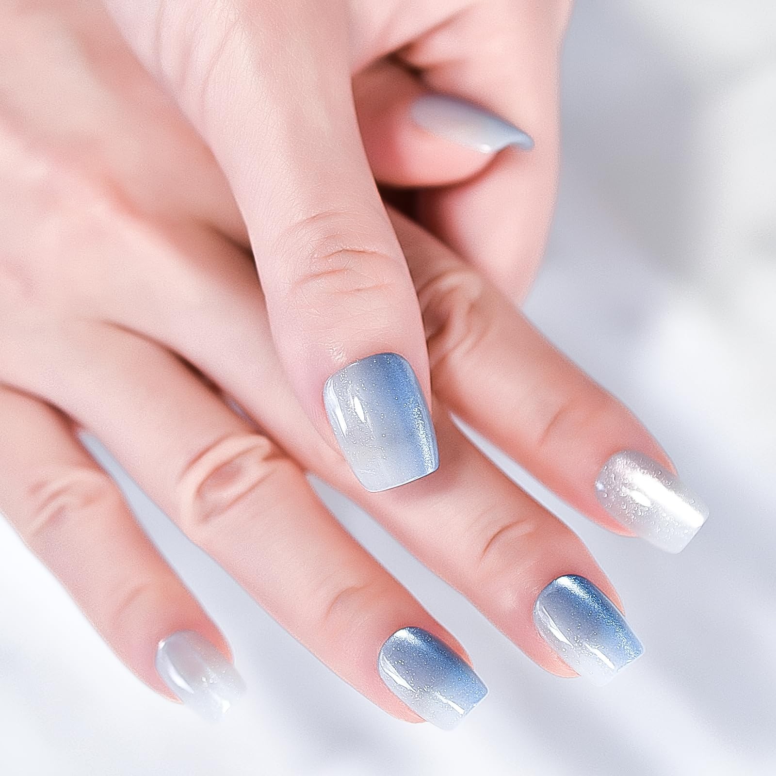 30pcs Glossy Ombre Blue Press On Nails Cat Eye Salon Manicure Medium Coffin S…