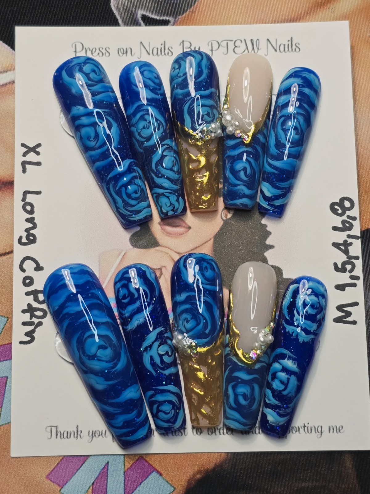 Handmade Gel Press On Nails,V Rose Nails,Medium Size 1,5,4,6,8 XL Long Coffin