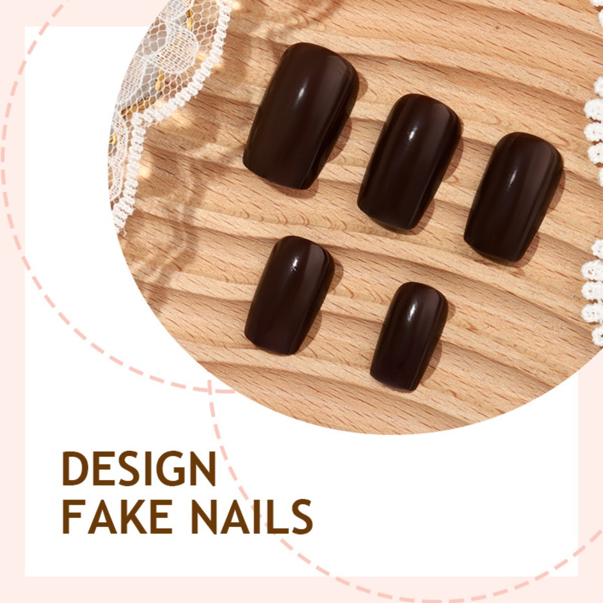 48pcs-Fall Season Brown Press On Nails, Medium Coffin Glossy Solid Acrylic Nails