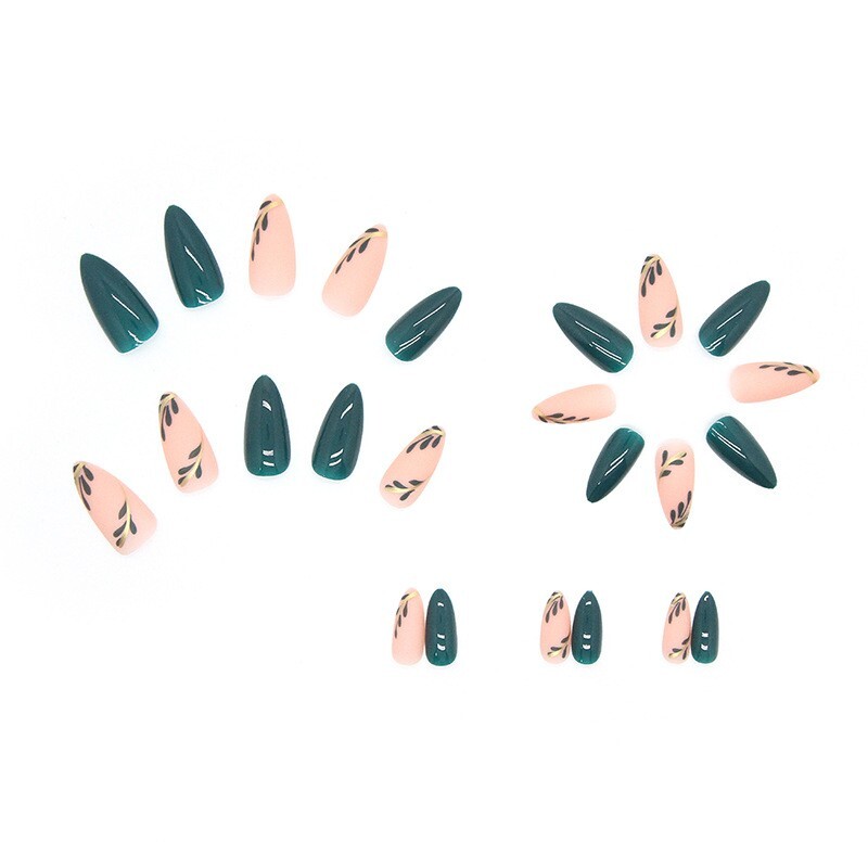 24pcs Olive Green Shiny Gold Flower Ins Pretty Press on Nails, Medium Almond