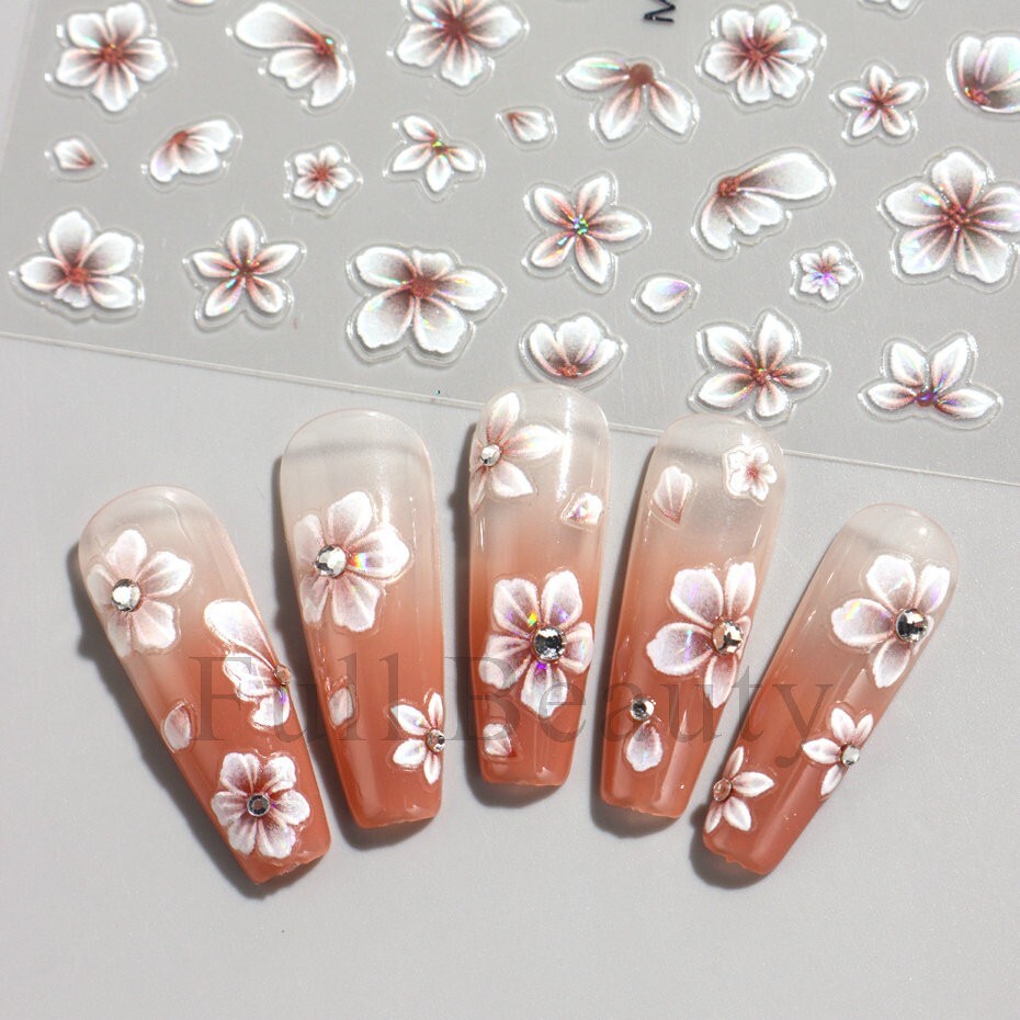 5D Red Pink Flower Camellia Nail Stickers Geometric Floral Butterfly Daisy Decal