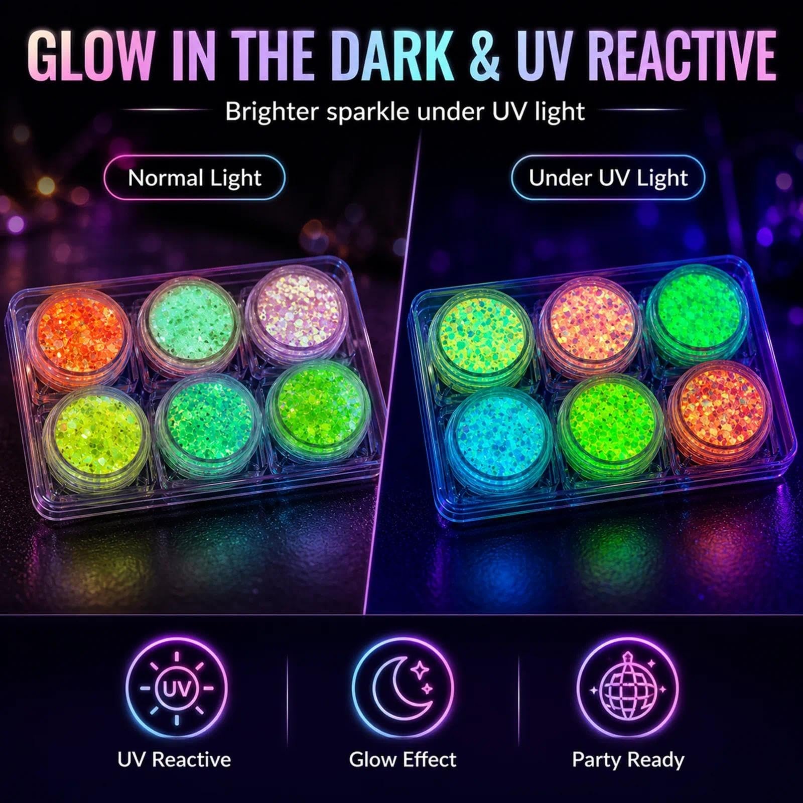 6 Colors Glow in The Dark Glitter Gel, Face & Body Glitter for Women, Neon Bl…