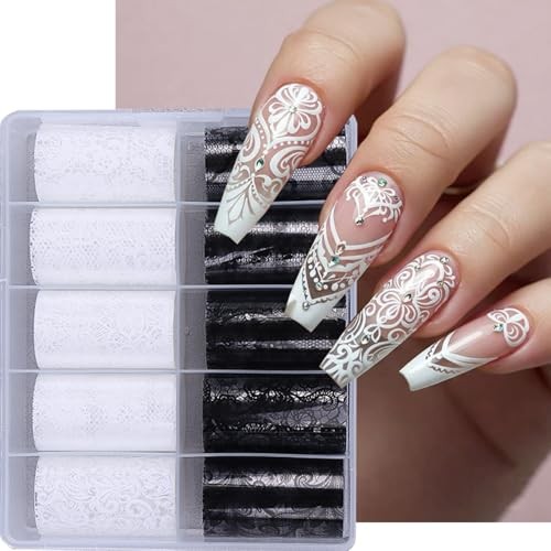 10 Rolls Lace Nail Art Foil Transfer Sticker Kit Black White Flower Foil W2