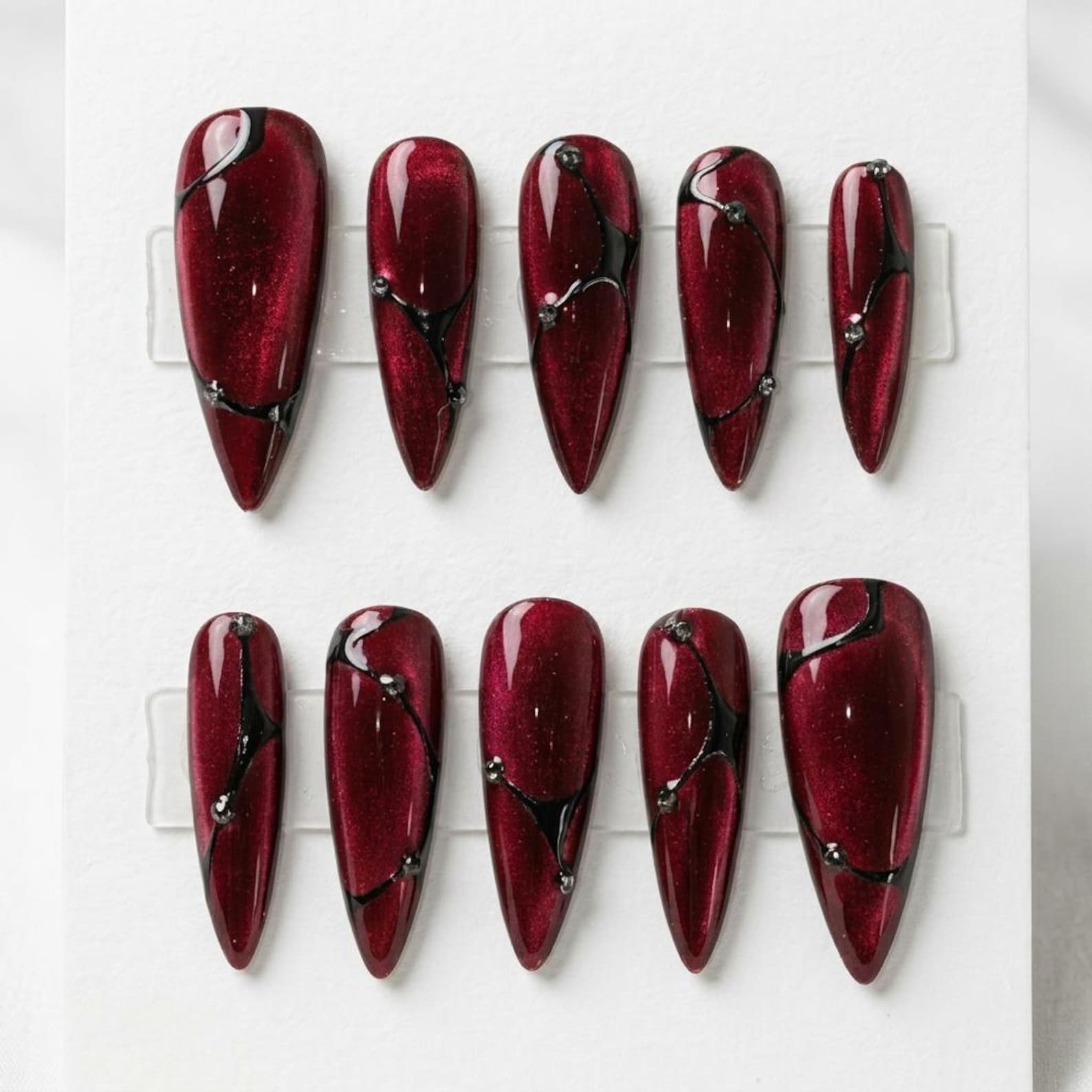 Custom Handmade Halloween Burgundy Cat Eye Black Line Rhinestone Press on Nails