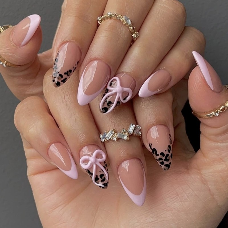 Sweet Edgy 3D Bows Leopard Print French Press On Nail ABS Material For Party