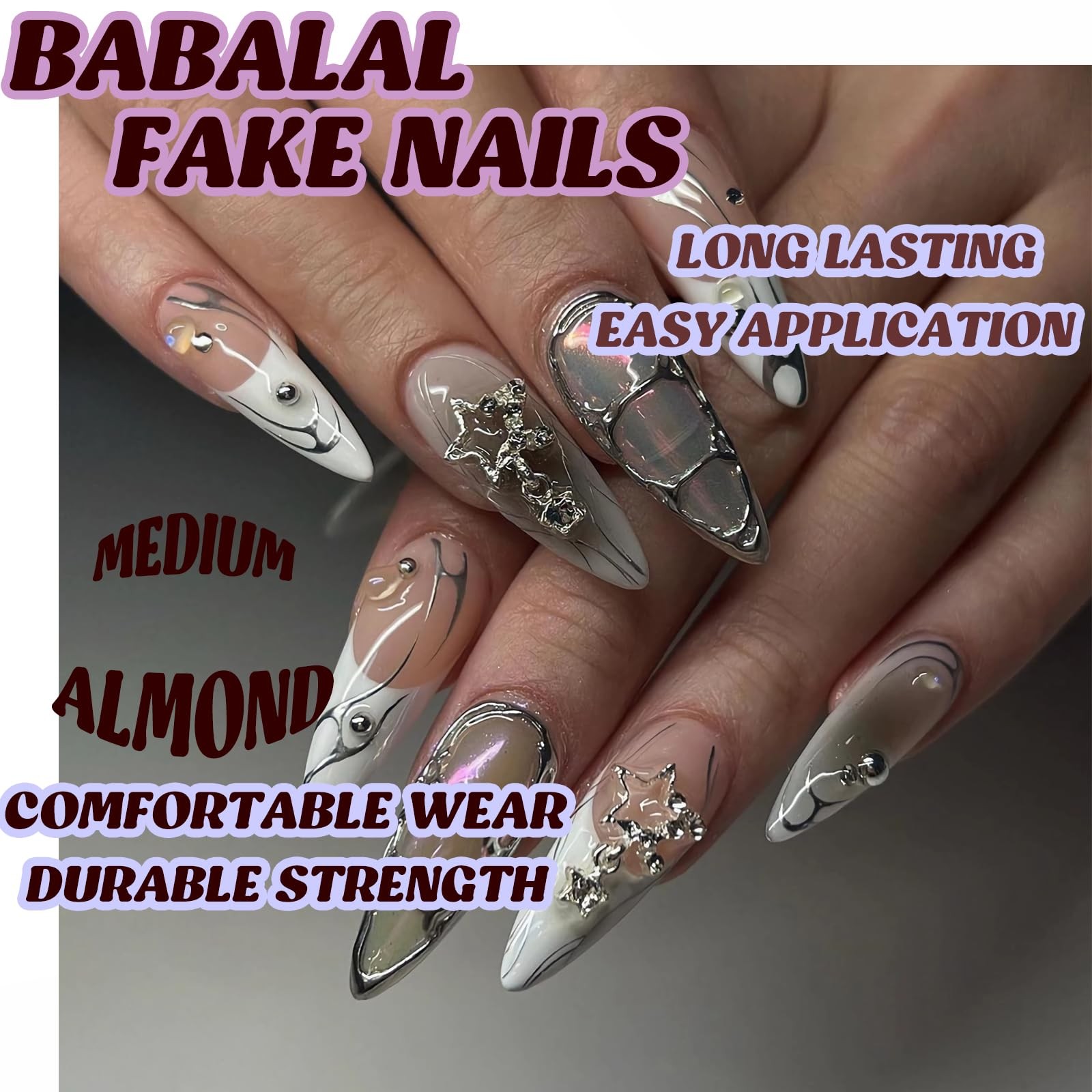 Press on Nails Medium Almond Fake Nails Y2K Sliver Chrome Glue ons French Tip…