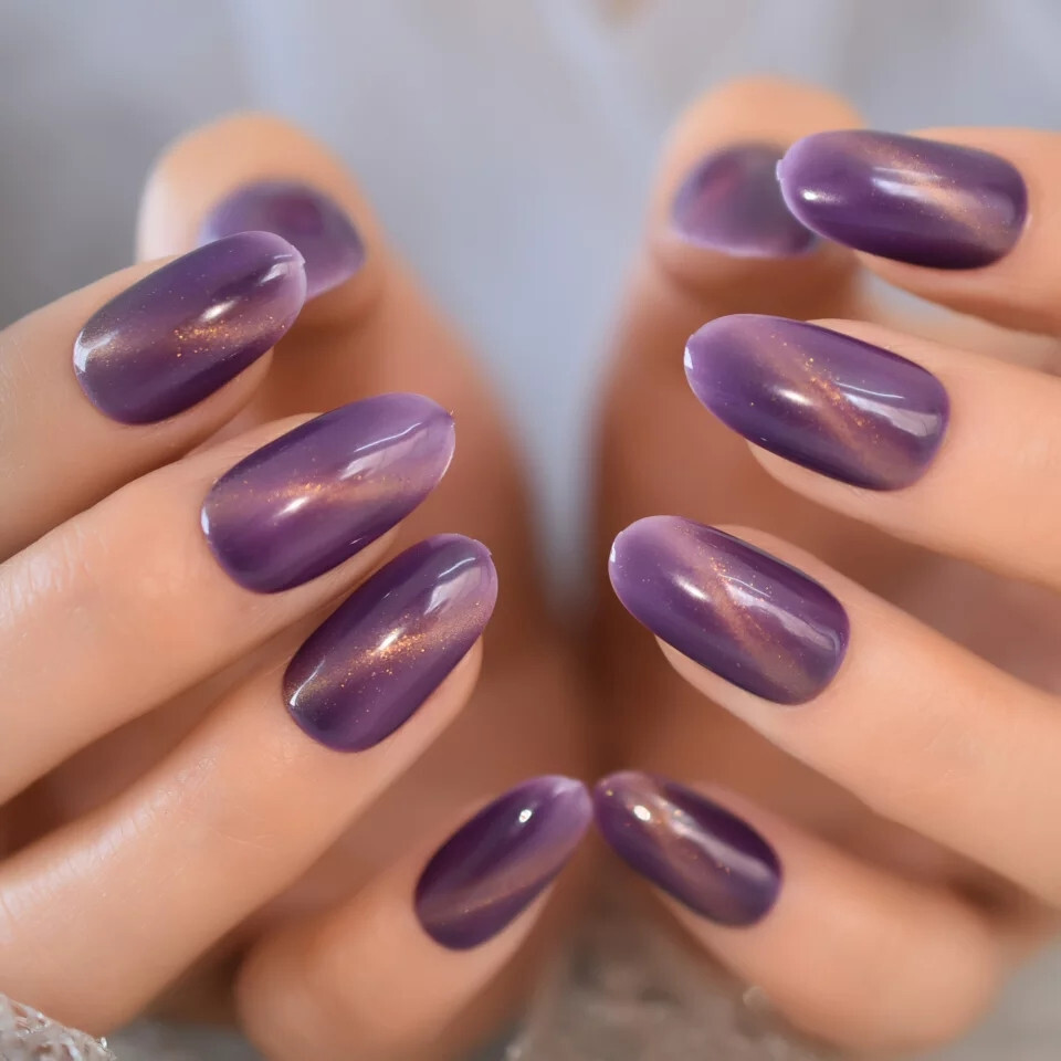 24 Medium Press on Nails kit glue on purple galaxy cat eye magnet grape almond