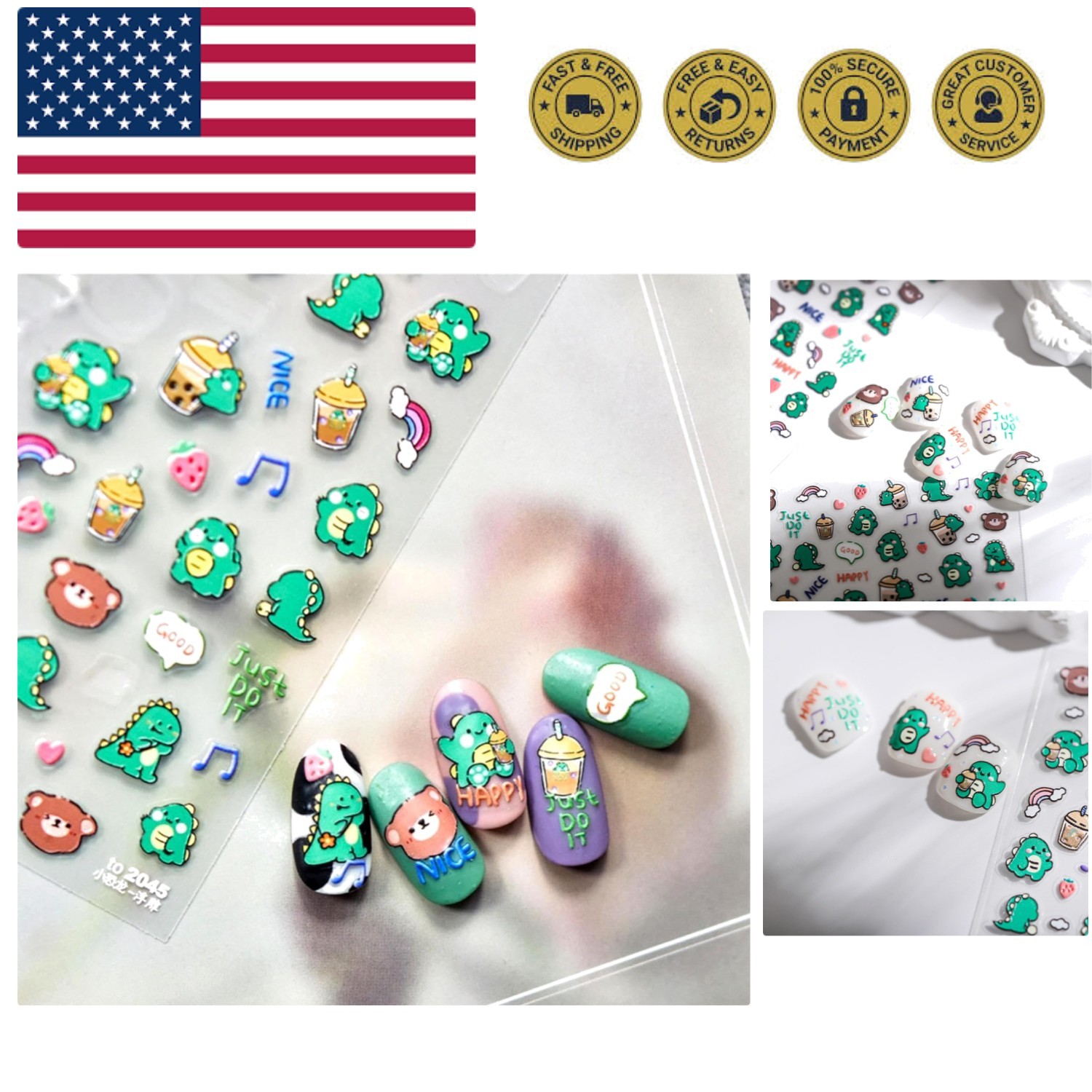 5D Embossed Cute Dinosaur Nail Art Stickers Cartoon Kawaii Design Anime Self …