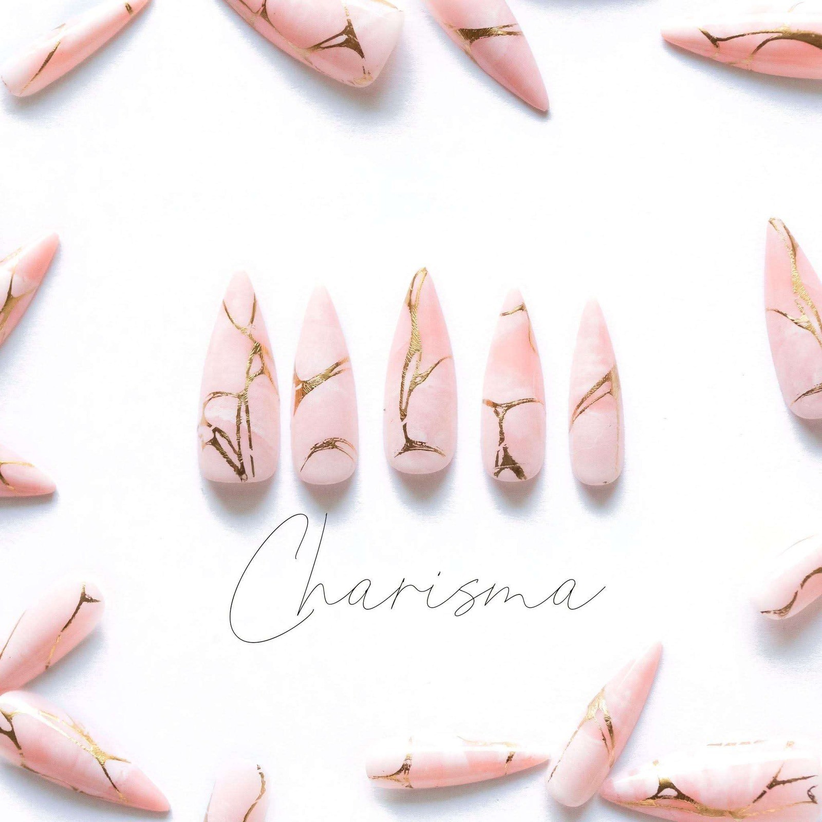 Siara Martin Beauty Charisma Press On Nails Pink Gold Marble Stiletto Long New
