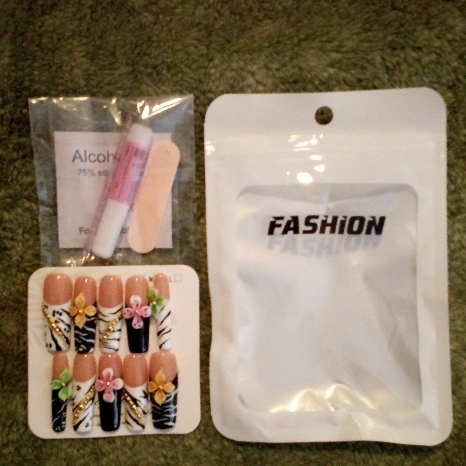3D Pre-Designed Press-On Nails Nude Black White Gold Long Coffin Flower Zebra