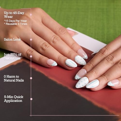 Press-On Nailshort Almond with Blue Polka S Polka Dot & Stripe French