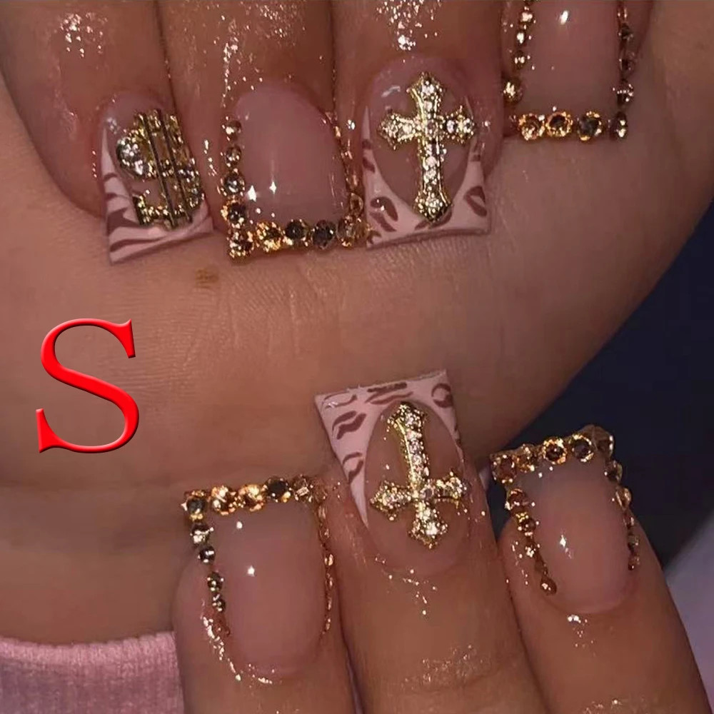Leopard Print Nude Fake Nails 10PCS Short Square Diamond French Pointed Nails