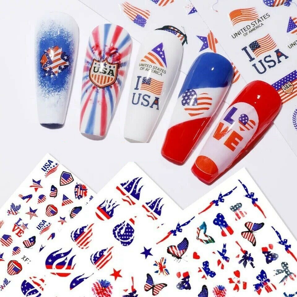 American Flag Star Heart LOVE USA July 4th Butterfly Number 3D Nail Sticker NS3