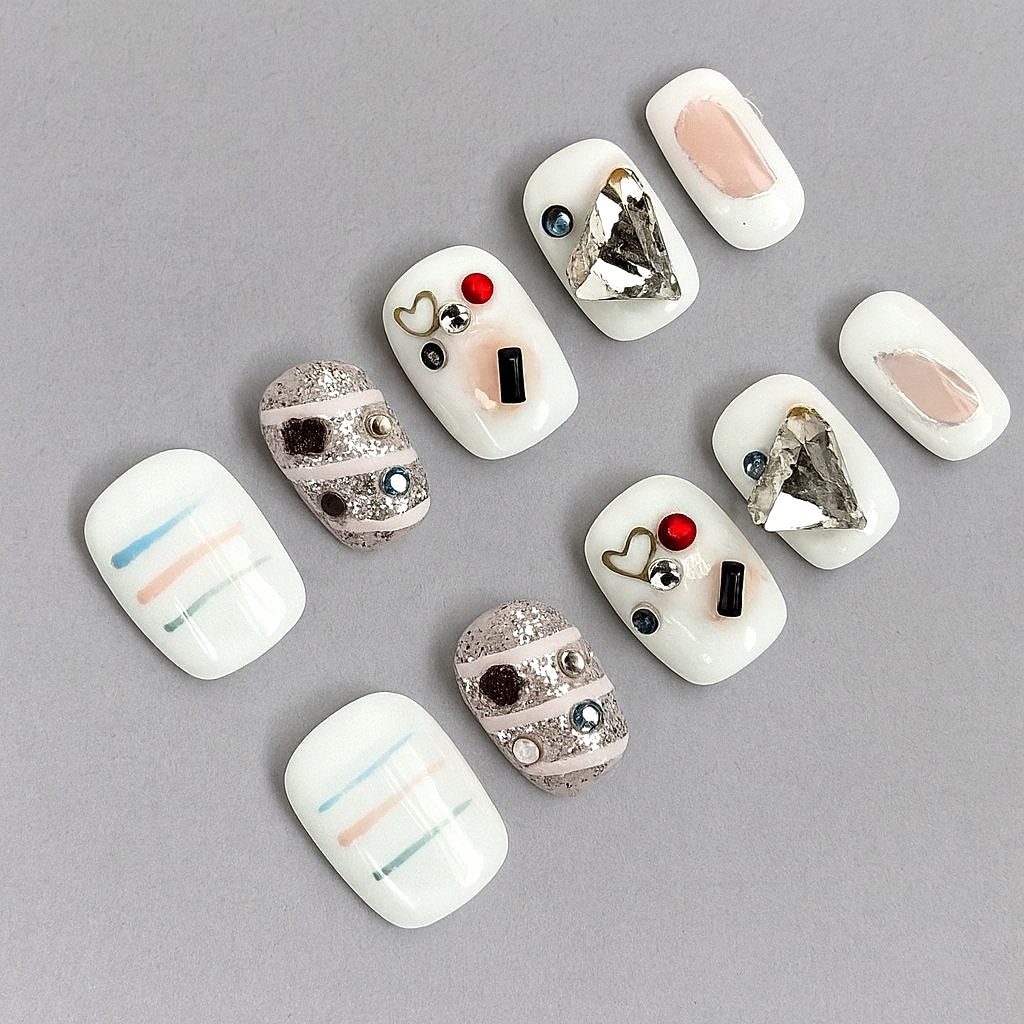 3D White & Pastel Mixed Press-On Nails / Handmade 10 pcs/ True Salon-Quality