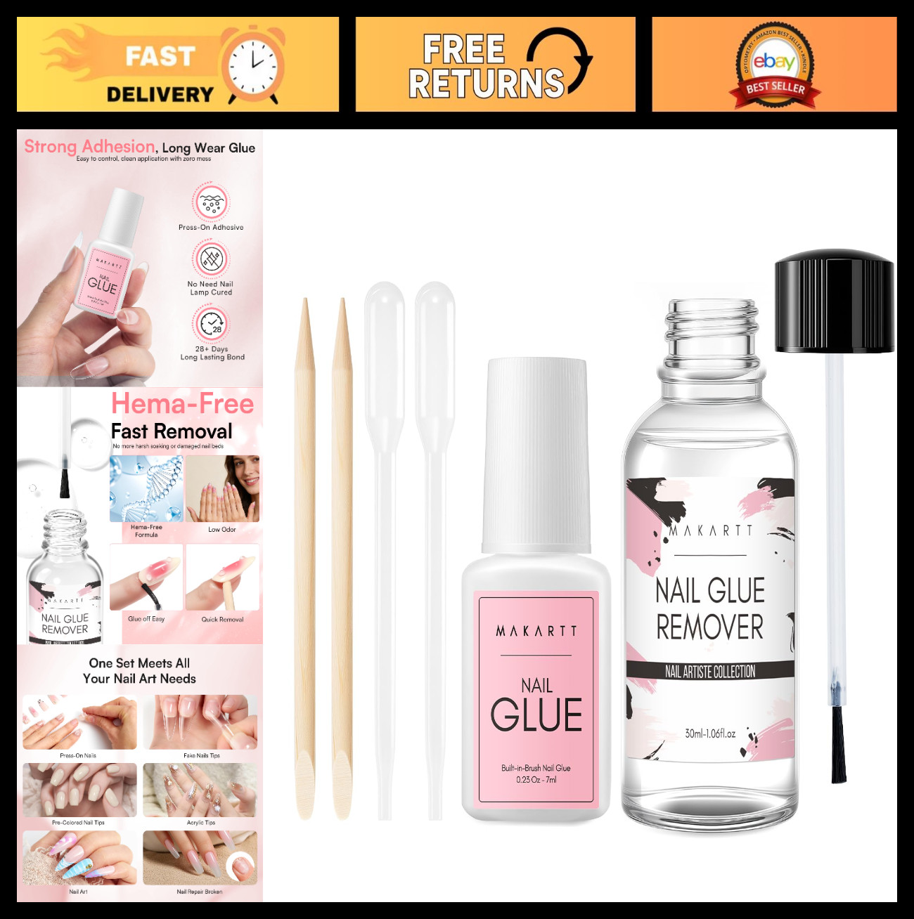Super Strong Nail Glue & Remover Kit – Quick Dry Adhesive for Press-Ons, 7ML + 3