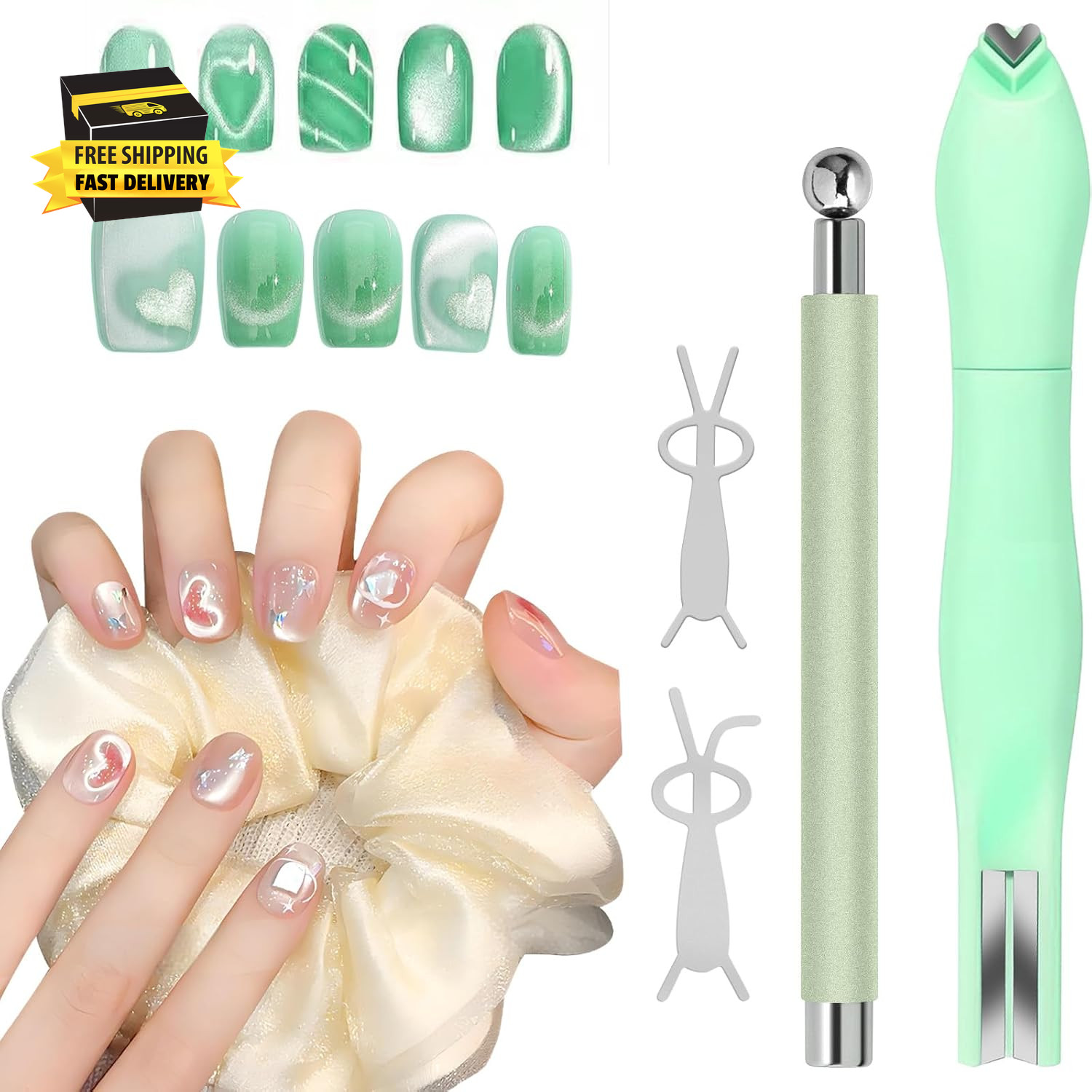 4Pcs Cat Eye Nail Magnet Kit, 3-In-1 Magnet with Dual-Ended Pen & 2Pcs Bunny Gui