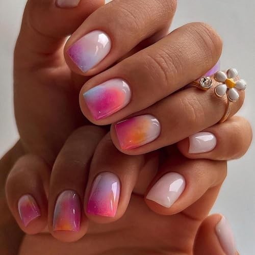 Ombre Pink Purple Press on Nails – Square Fake Nails – DGH-45 – Design Short