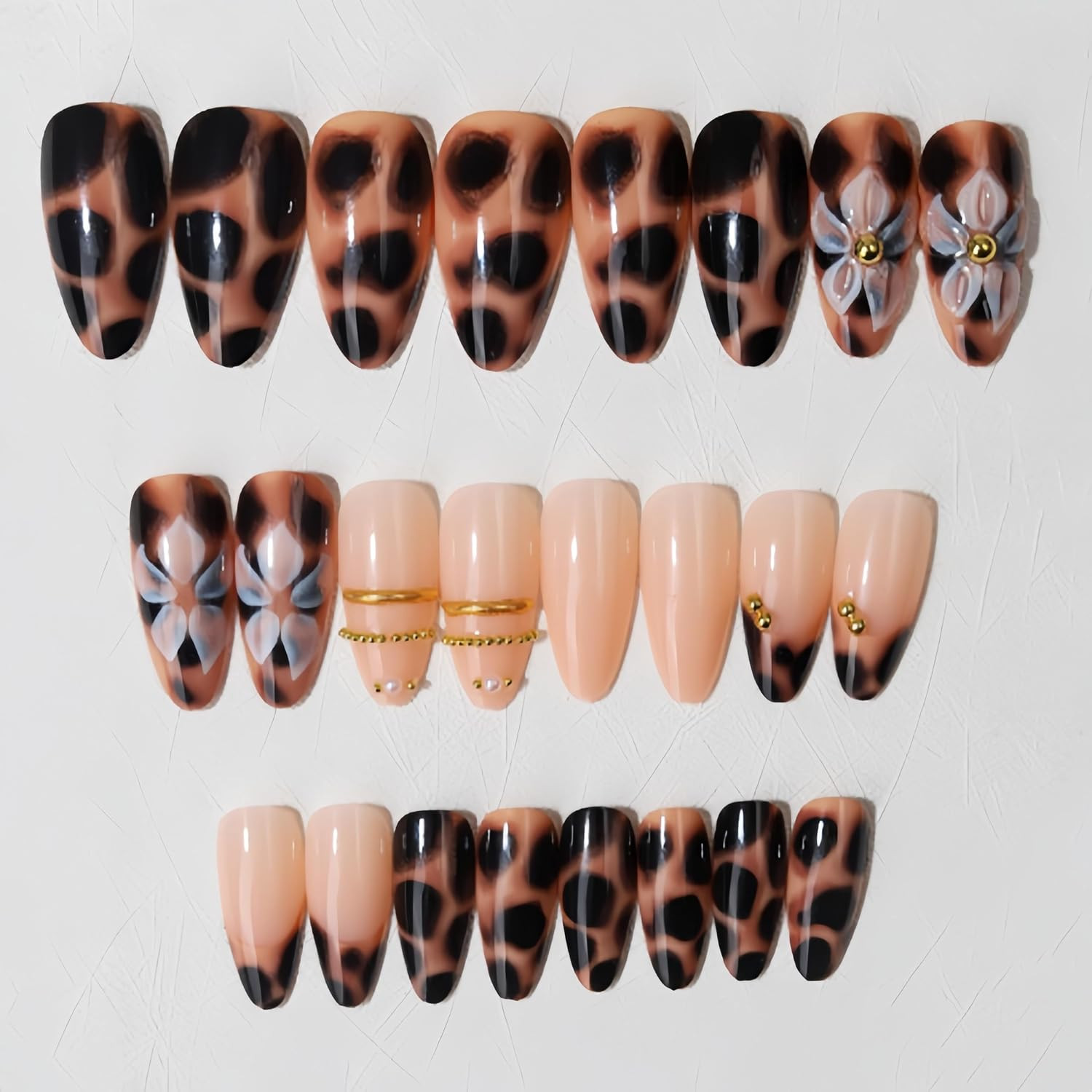 24Pcs 3D Brown Gold Flower Press on Nails Medium Almond Fake Nails with 3D Gold