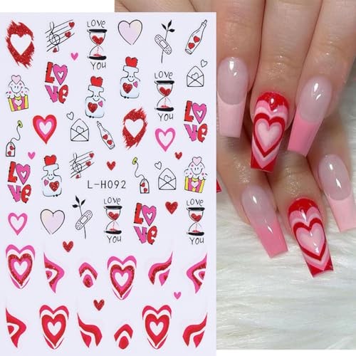 6 Sheets Red Heart Nail Stickers for Nail Art Valentines Nail Art Stickers 3D