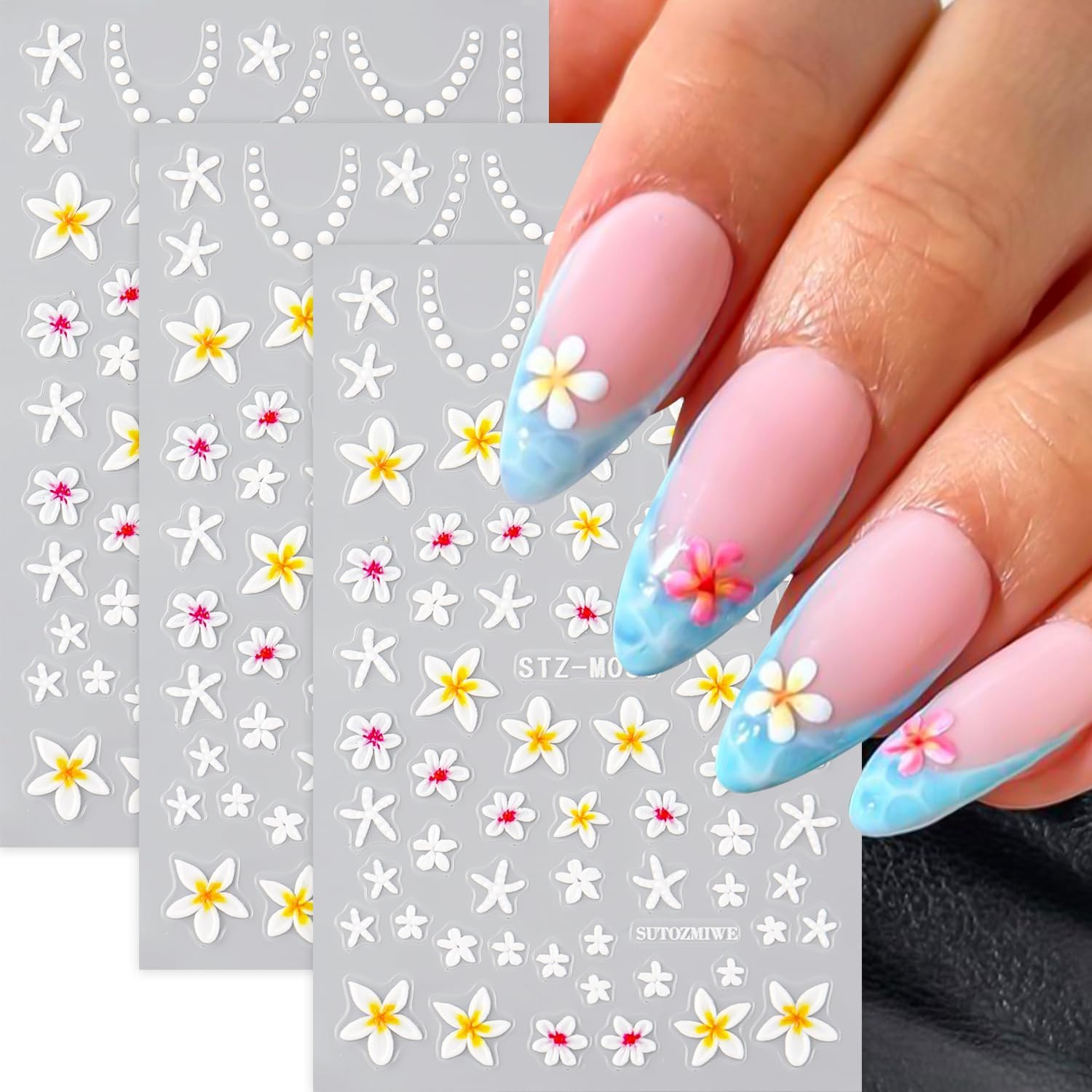 Flower Nail Art Stickers Decals 3PCS 3D Self-Adhesive Floral Nail Stickers | Fra