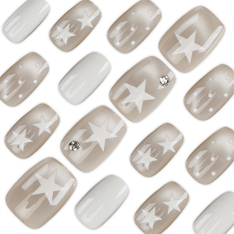 60Pcs-Medium Square Milky White Gradient White Star Polka Dot Press on Nails