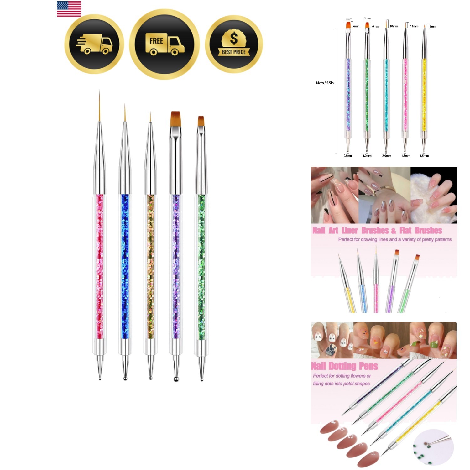 Nail Art Brushes, 5pcs Double-Ended Acrylic Nail Brush Including 7/9/11mm Nai…