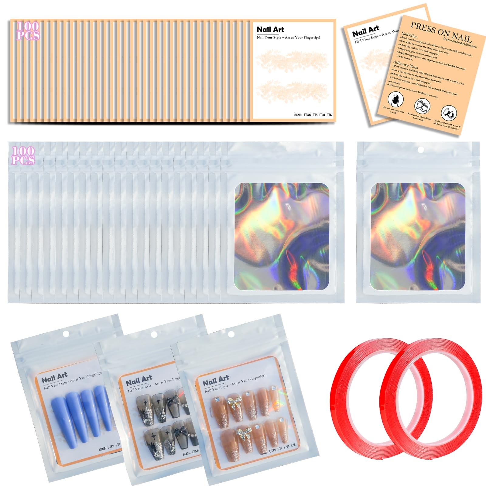 202pcs Press on Nail Packaging Bag Set(White, 100)