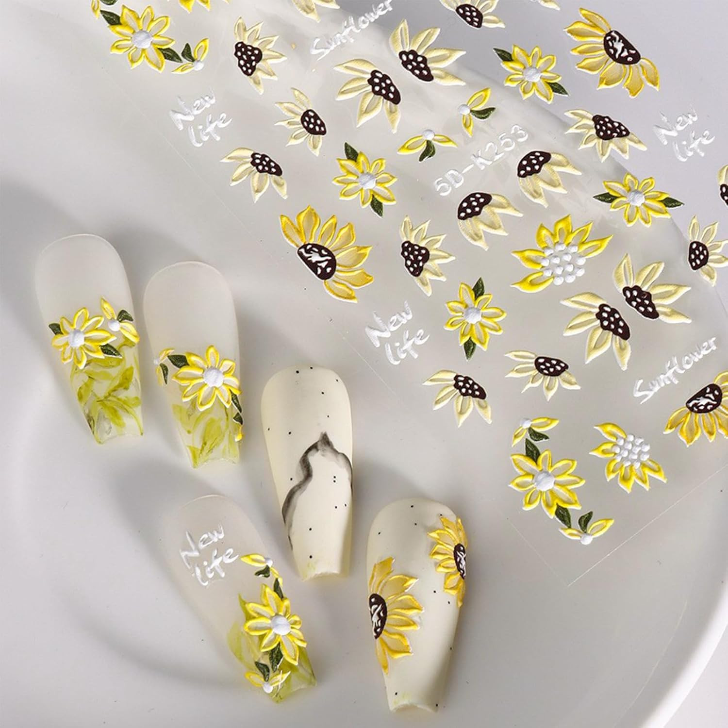5D Embossed Sunflower Nail Art Stickers Self-Adhesive Flower Nail Decals Engrave