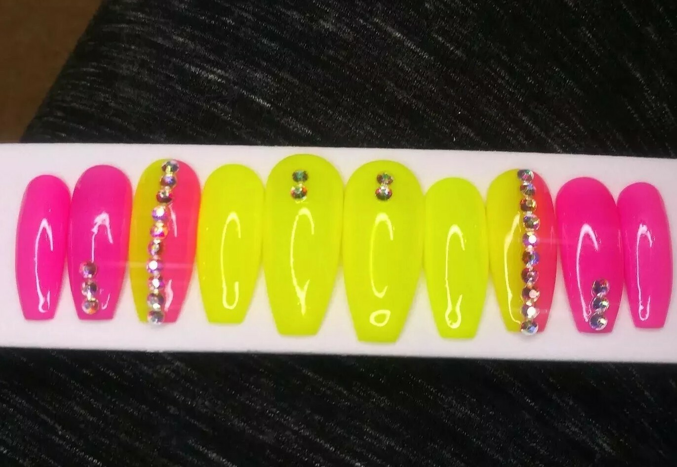 Bright Neon yellow & pink bling nails Press On crystal gel nails long coffin