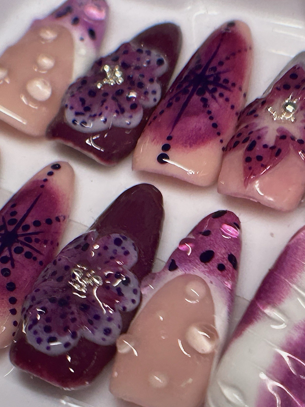 Long Almond Press-On Nails Pink Purple White 3D Flower Pre-Designed Full