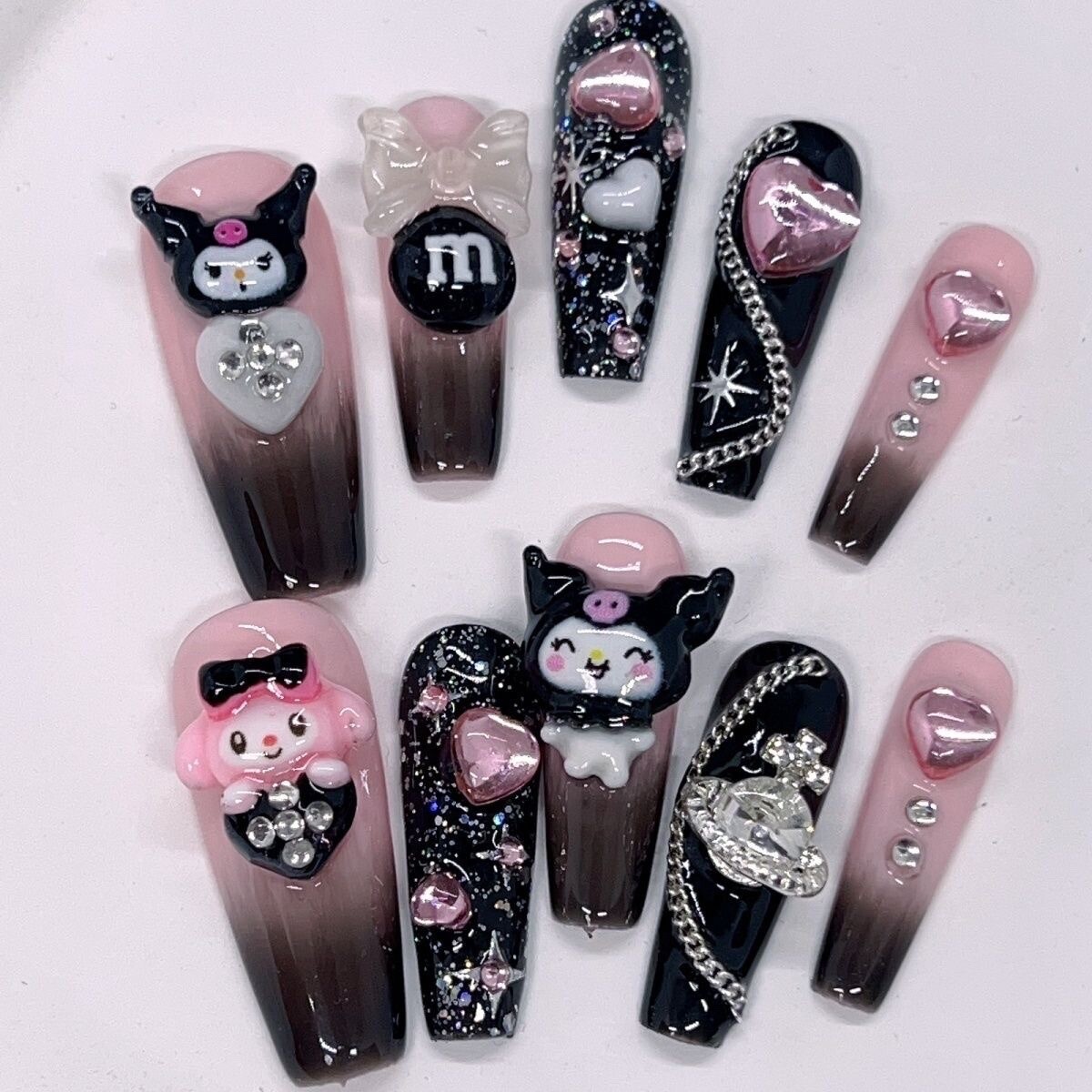 Kuromi Glitter Chain Handmade Artisan Press On Nails
