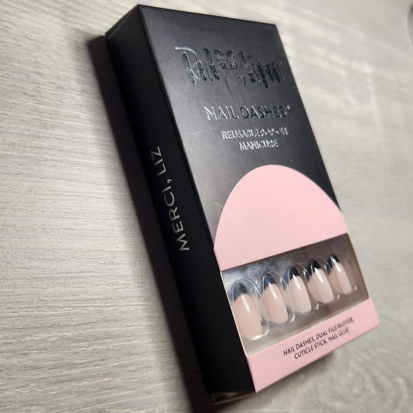 Press On Nails Merci, Liz Medium Round Black French Tip Dashes Red Aspen