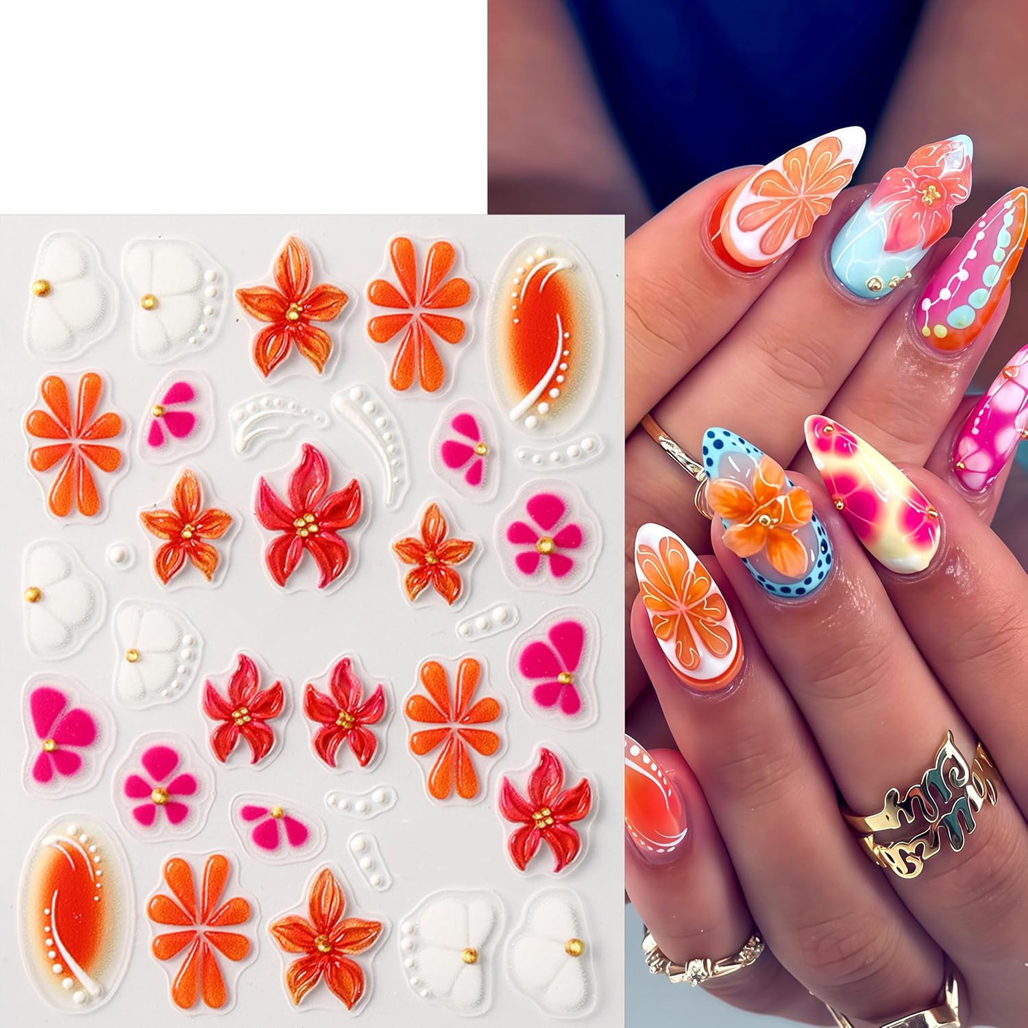 3 Sheets 5D Embossed Lily Flower Stickers for Nails Colorful Hibiscus Nail Stick
