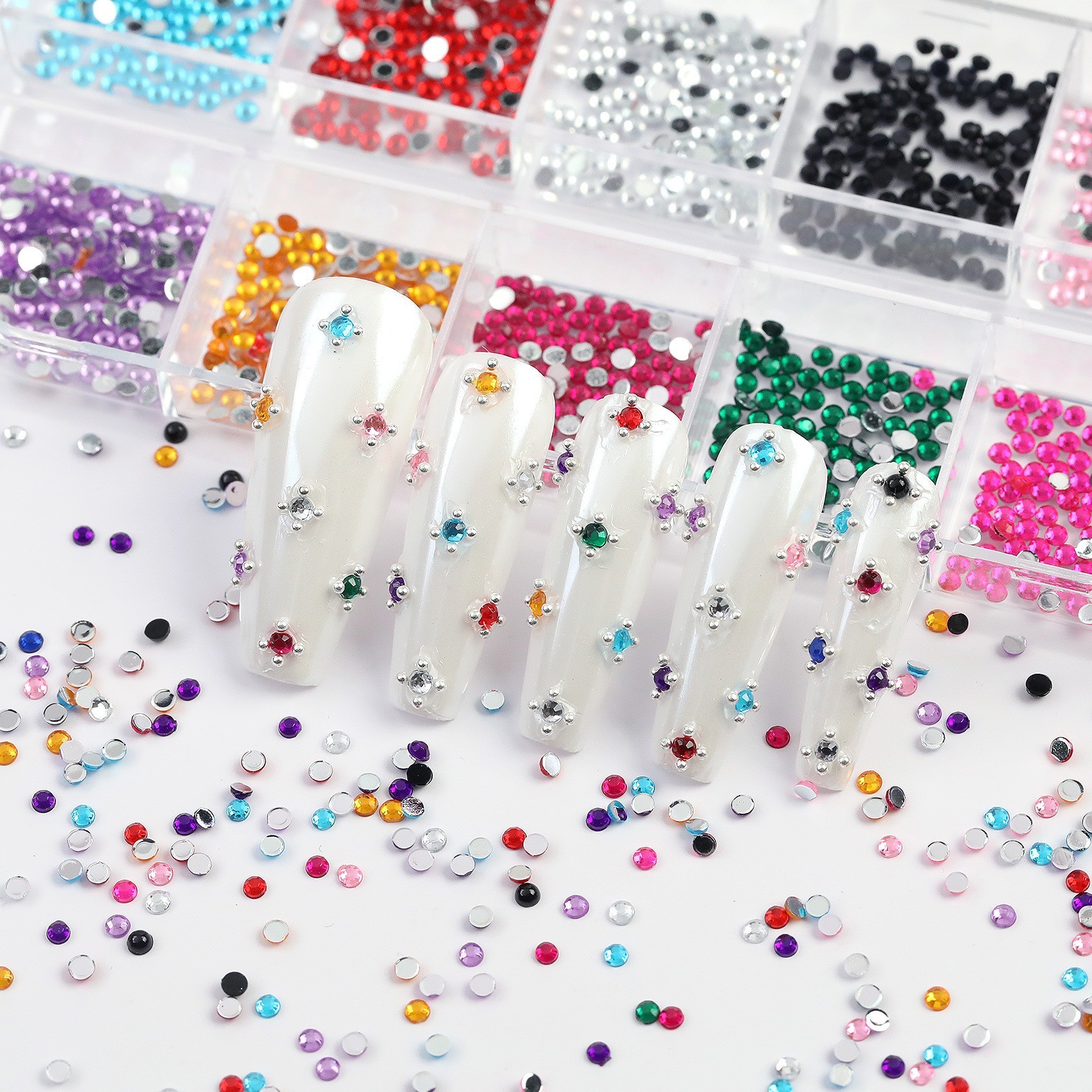 12 Grids Colorful Nail Art Rhinestones Glitter Flat Back Gems Tips DIY Decor
