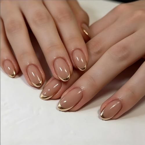 Short Press On Nails – Almond Fake Nails – Gold French Tip – False – Design 4