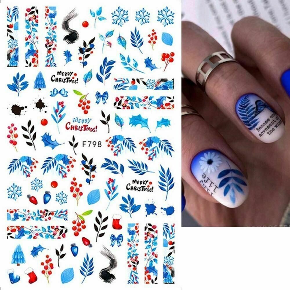 Nail Art Sticker Winter Snowflake Christmas Blue Fern Adhesive Slider Decal F798