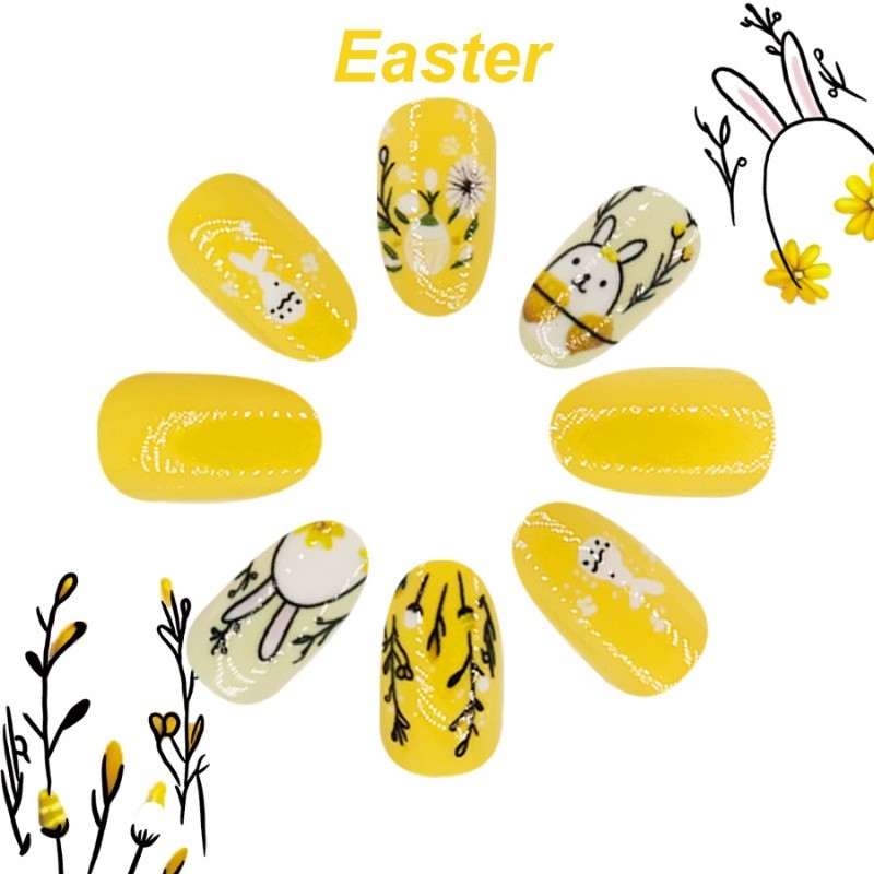 48PCS Oval Yellow Reusable Nail Art with Rabbit Egg Flower Fake Nails