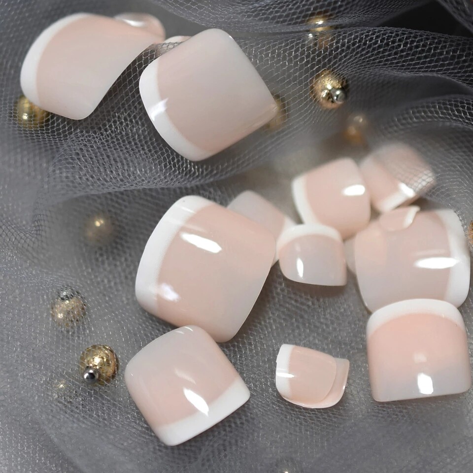 24 Silver Pink Chrome Toe nail press on nails kit w glue mirror shiny white