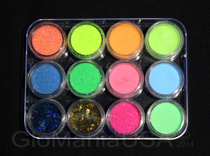 6 Neon Glitters, 4x Visible Glow in the Dark Powder Stars Moons FREE UV KEYRING