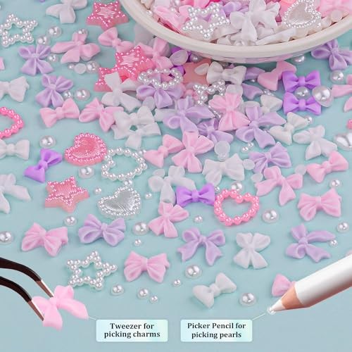 3D Nail Charms and Flatback Pearls #3, 600 Pcs Pink White Lilac Multi Styles …